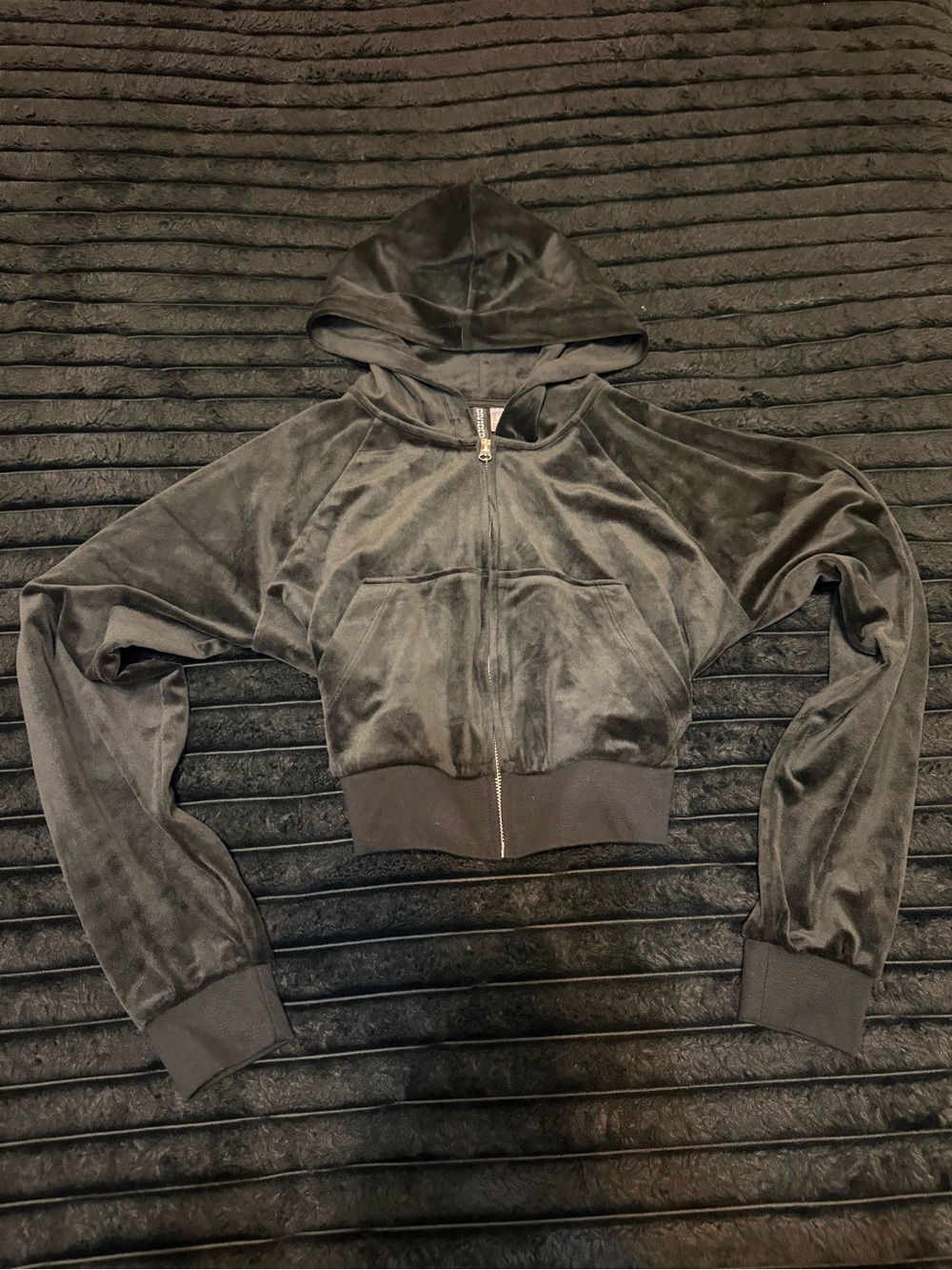 Women's Black Velour Cropped Hoodie Jacket with Bedazzled Back
